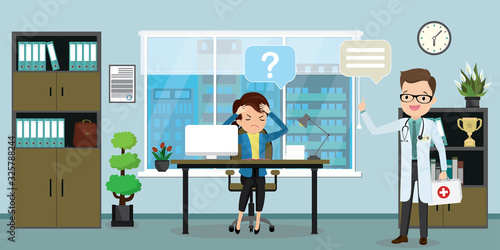 Tired or ill businesswoman on workplace and doctor in modern office