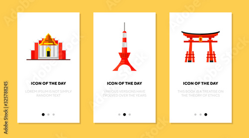 Traditional landmarks flat icon set. Arch, tower, building isolated vector sign pack. Sightseeing and tourism concept. Vector illustration symbol elements for web design and apps