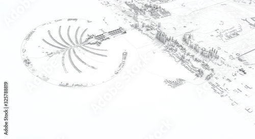 Dubai city map 3D Rendering. Aerial satellite view.