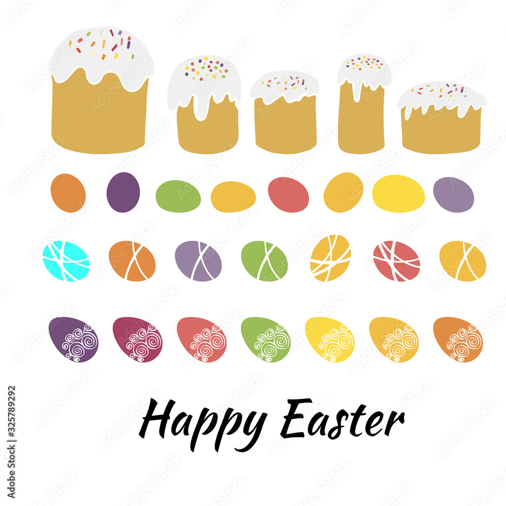 Fototapeta premium Vector illustration set design elements Easter traditional symbols collection- Easter cake and egg, Happy Easter greeting card in pastel color on white