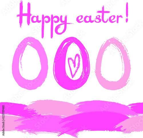 Vector set in pretty pink colors : hand drawn lettering happy easter! , eggs , simple heart, endles seamless line from strokes. Easter holiday decor. photo