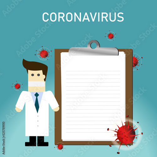 Doctor with big clipboard and virus cells wuhan coronavirus.