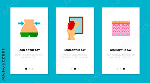 Burning fat flat icon set. Weight, calorie, waist isolated vector sign pack. Beauty and health concept. Vector illustration symbol elements for web design and apps