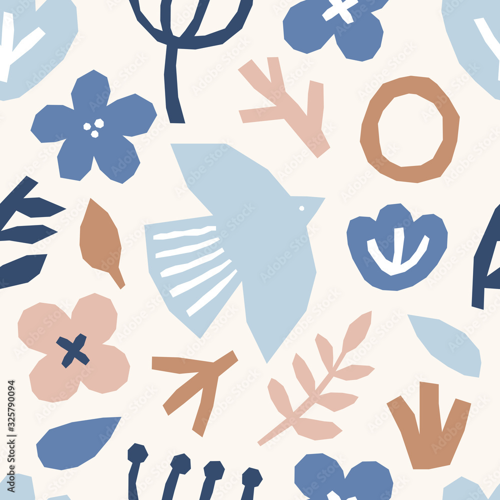 Cute trendy seamless pattern with abstract collage of organic shapes on white background, vector illustration in minimal flat style - obrazy, fototapety, plakaty 