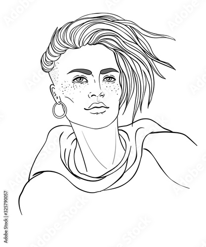 Portrait of a young pretty caucasian woman with short pixie cut. Vector illustration isolated. Hand drawn art of a boyish looking girl. Modern street subculture haircut for woman.