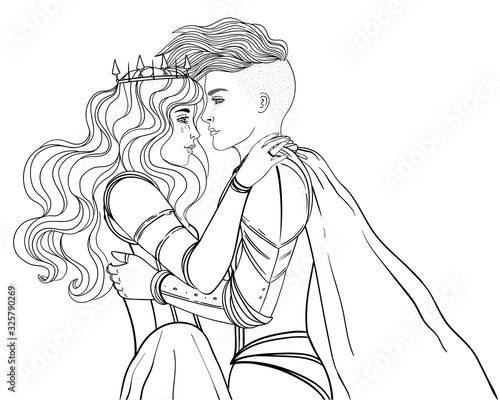 Love wins. Romantic lesbian couple. Female knight in armour kissing a princess. Medieval aesthetics. Vector illustration. Valentines day card. LGBT rights concept.
