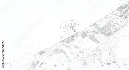 Photography Dubai city map 3D Rendering. Aerial satellite view.