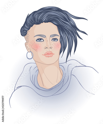 Portrait of a young pretty caucasian woman with short pixie cut. Vector illustration isolated. Hand drawn art of a boyish looking girl. Modern street subculture haircut for woman.