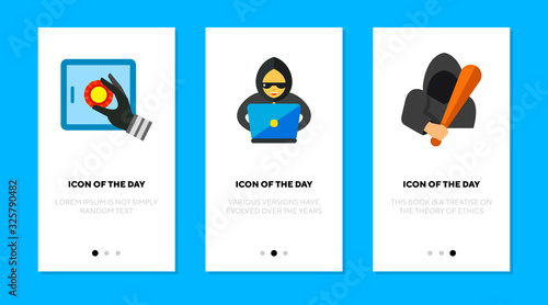 Breaking and cracking flat icon set. Safe, robbery, bank isolated vector sign pack. Criminality and equipment concept. Vector illustration symbol elements for web design and apps