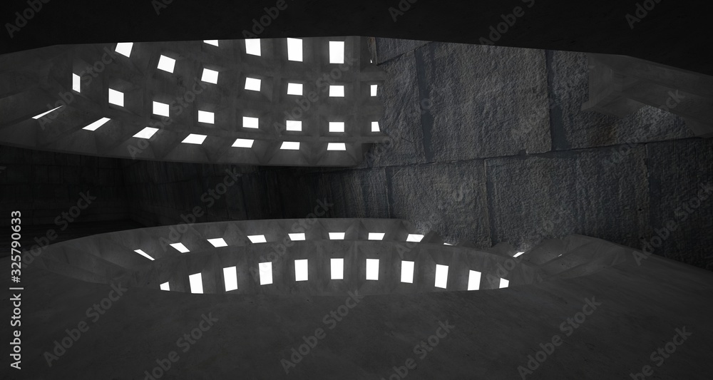 Abstract architectural concrete interior with discs. Neon lighting. 3D illustration and rendering. Abstract architectural concrete interior with discs. Neon lighting. 3D illustration and rendering.