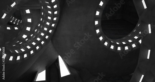 Abstract architectural concrete interior with discs. Neon lighting. 3D illustration and rendering.