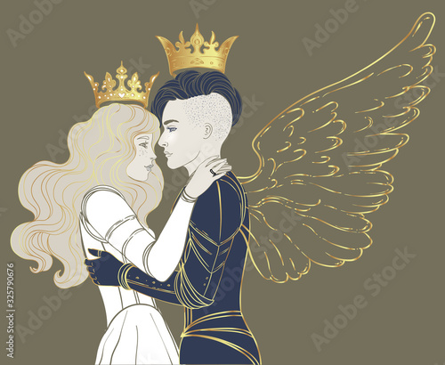Love wins. Romantic lesbian couple. Female knight in armour and wings kissing a princess. Medieval aesthetics. Vector illustration. Valentines day card. LGBT rights concept.