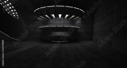 Abstract architectural concrete interior with discs. Neon lighting. 3D illustration and rendering.
