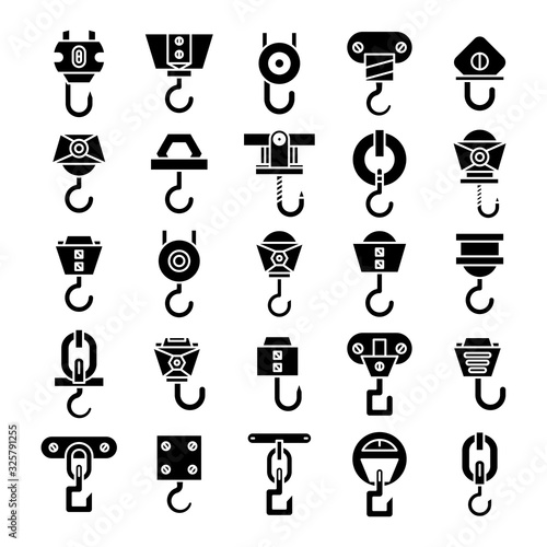 industrial crane hook and hoist icons set