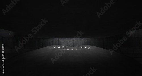 Abstract architectural concrete interior with discs. Neon lighting. 3D illustration and rendering.