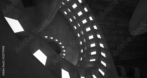 Abstract architectural concrete interior with discs. Neon lighting. 3D illustration and rendering.