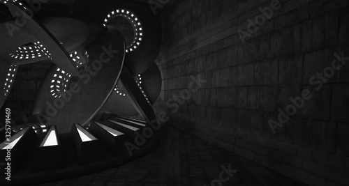Abstract architectural concrete interior with discs. Neon lighting. 3D illustration and rendering.