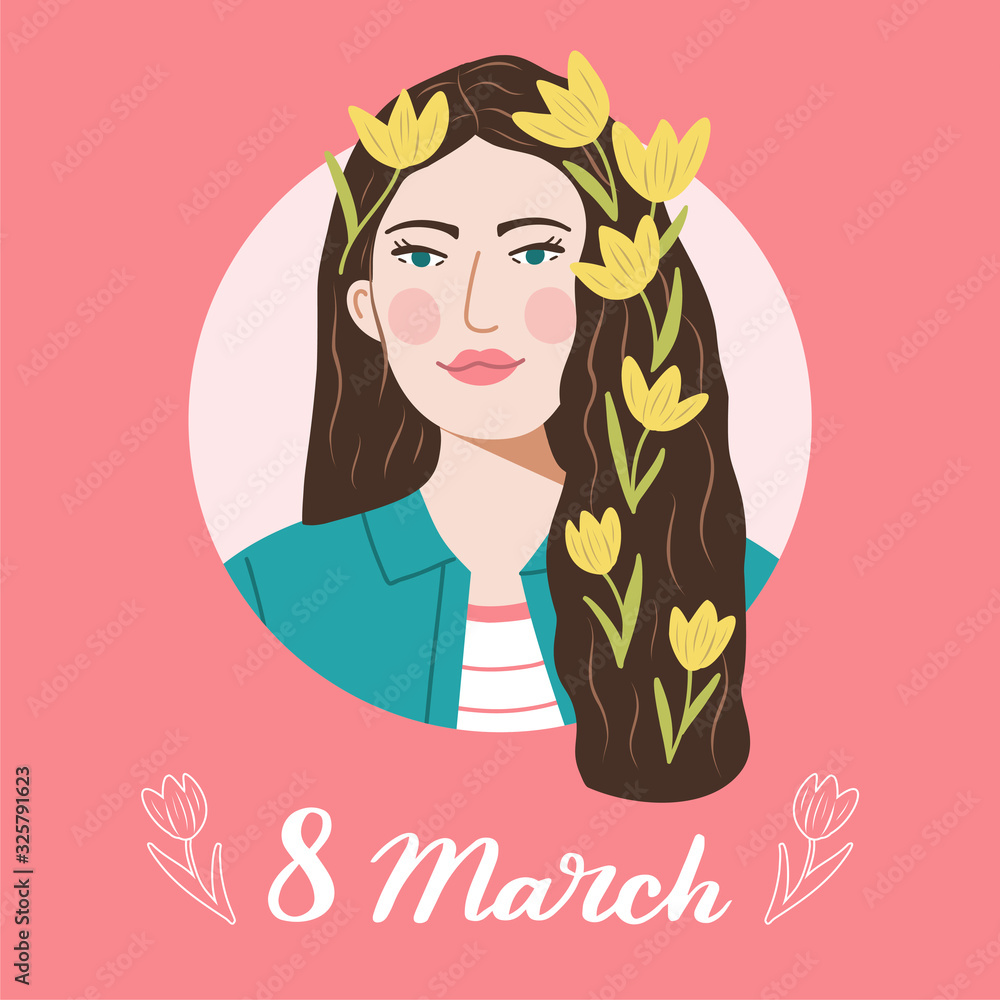 International Women's Day concept. Beautiful brunette girl with yellow tulips in her hair. 8 March card. Vector illustration. International Women's Day concept. Beautiful brunette girl with yellow tulips in her hair. 8 March card. Vector illustration.