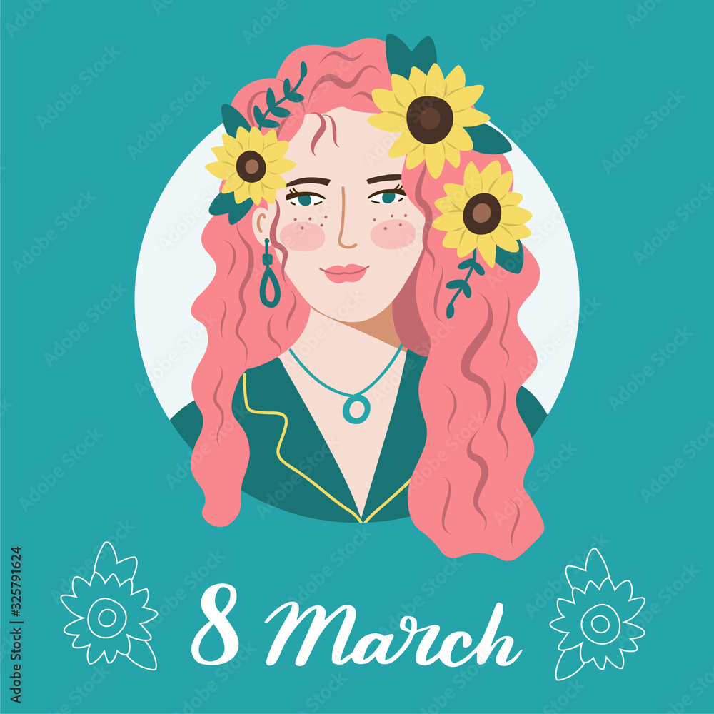 International Women's Day concept. Beautiful red curly girl with sunflowers in her hair. 8 March card. Vector illustration. International Women's Day concept. Beautiful red curly girl with sunflowers in her hair. 8 March card. Vector illustration.