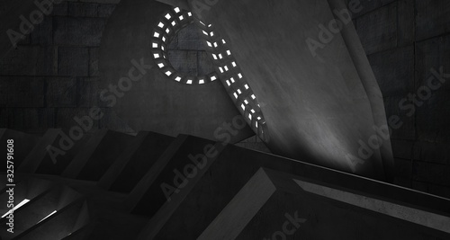 Abstract architectural concrete interior with discs. Neon lighting. 3D illustration and rendering.