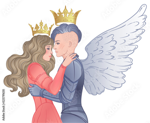 Love wins. Romantic lesbian couple. Female knight in armour and wings kissing a princess. Medieval aesthetics. Vector illustration. Valentines day card. LGBT rights concept.