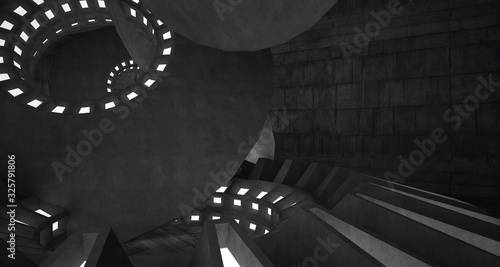 Abstract architectural concrete interior with discs. Neon lighting. 3D illustration and rendering.