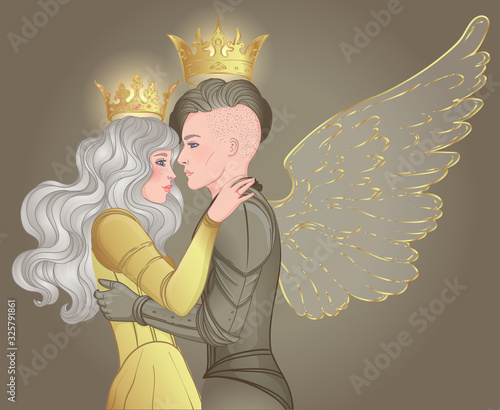 Love wins. Romantic lesbian couple. Female knight in armour and wings kissing a princess. Medieval aesthetics. Vector illustration. Valentines day card. LGBT rights concept.