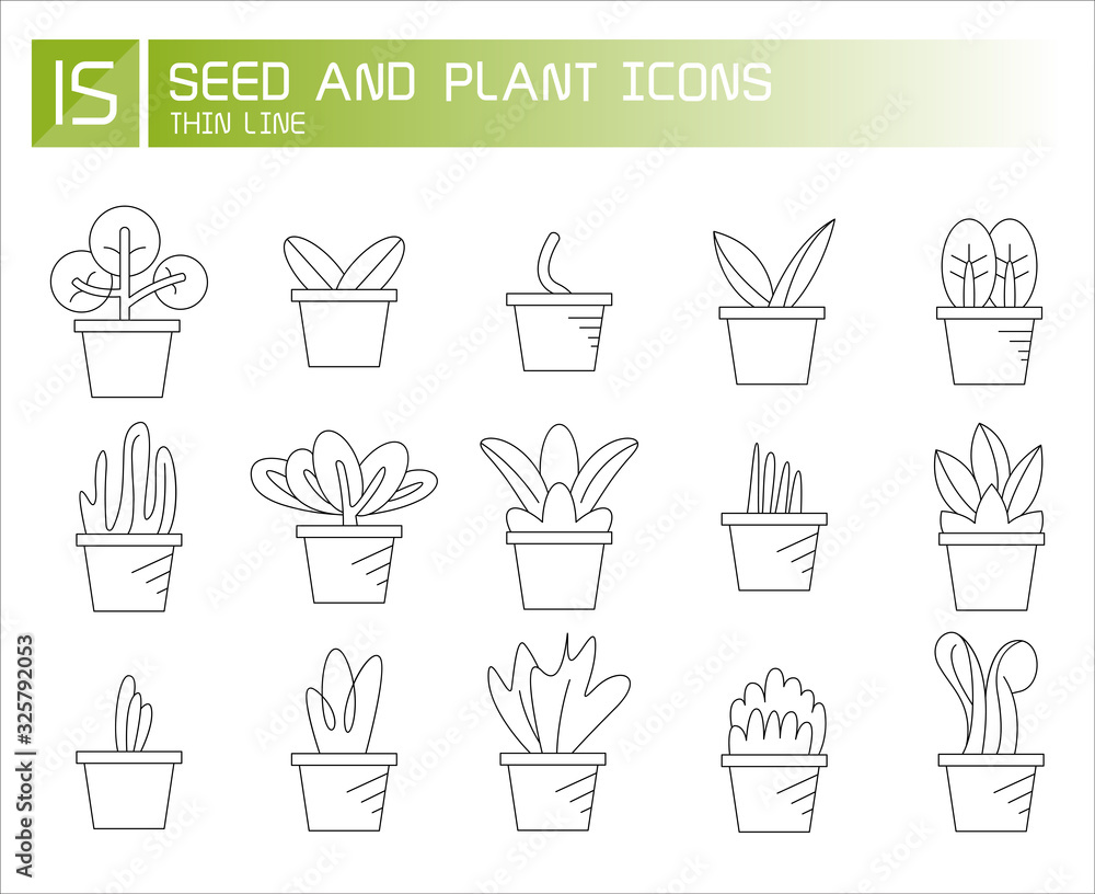 plant in pot and seedling icons line set plant in pot and seedling icons line set