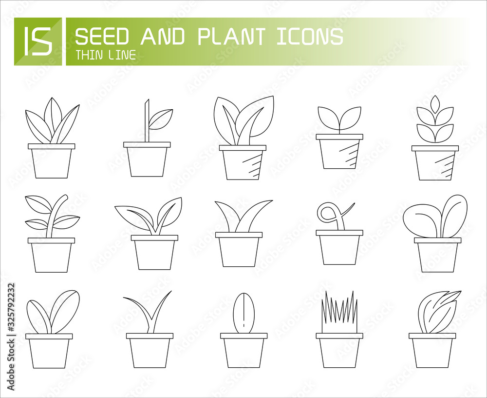 plant in pot and seedling icons line set plant in pot and seedling icons line set