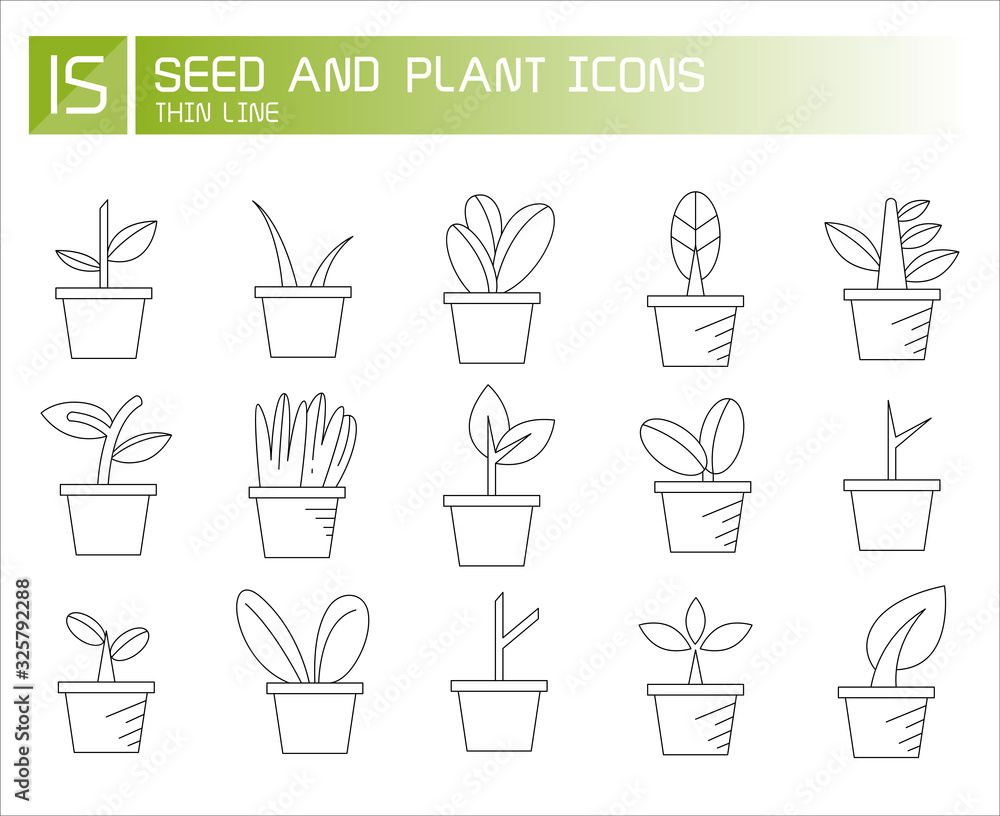 plant in pot and seedling icons line set plant in pot and seedling icons line set