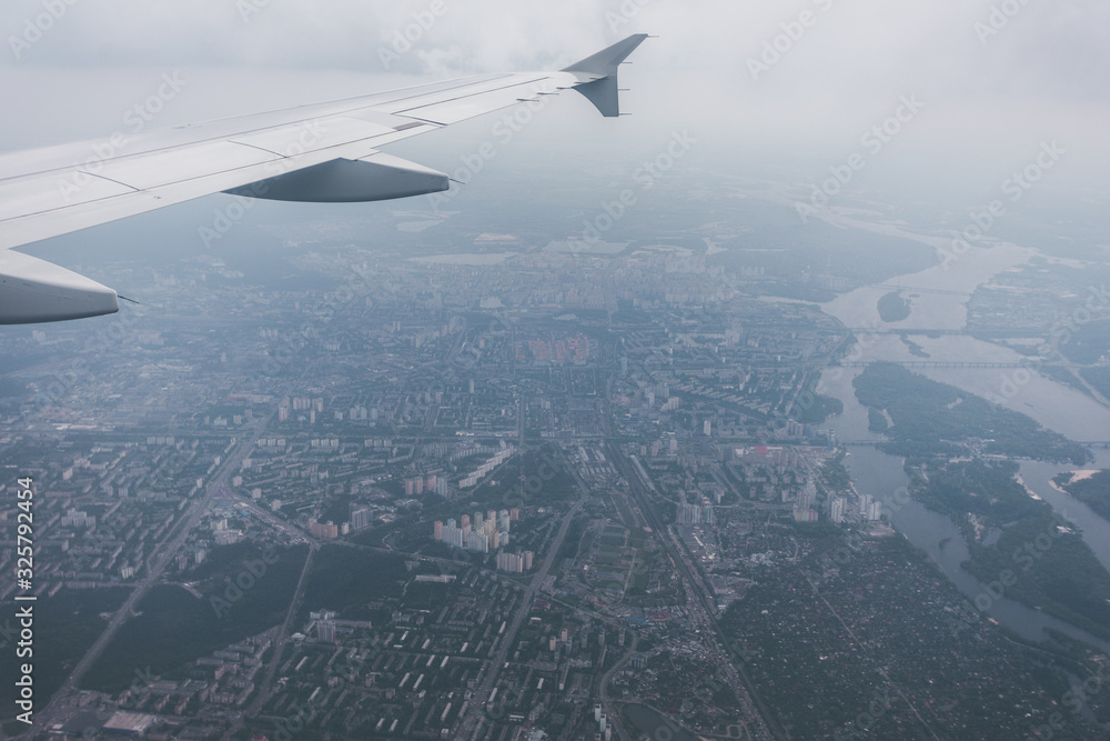 Kiev city with airplane window, Ukraine Kiev city with airplane window, Ukraine