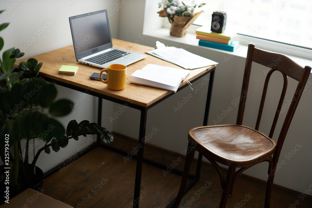 Writing and working space . Clean scene of the desk in office or room. Blank screen for mock up.side view photo. Writing and working space . Clean scene of the desk in office or room. Blank screen for mock up.side view photo.