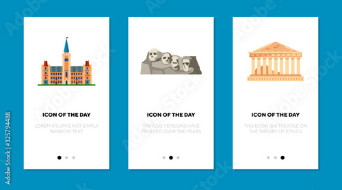 Historical landmarks flat icon set. Parliament hill, rock, Parthenon isolated vector sign pack. Sightseeing and tourism concept. Vector illustration symbol elements for web design and apps