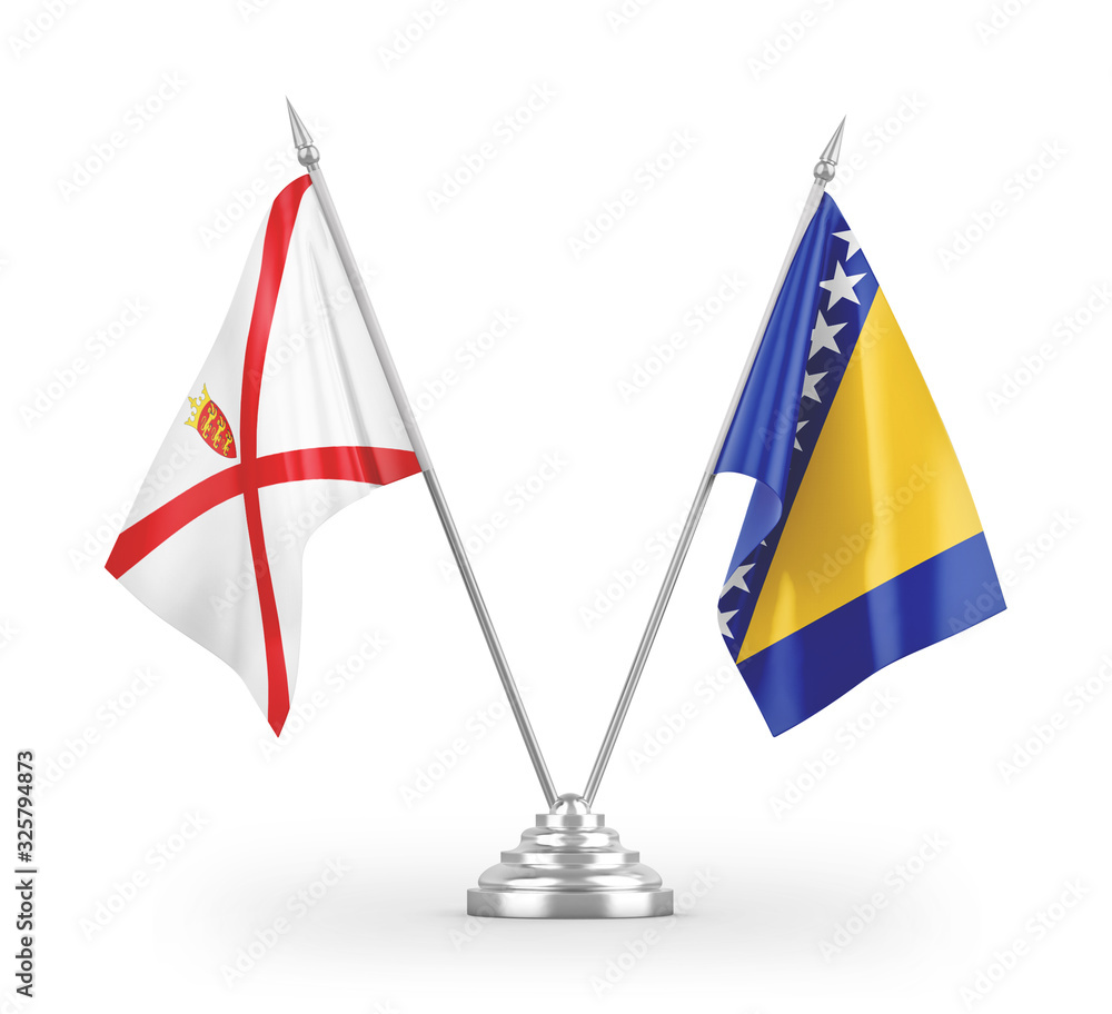Bosnia and Herzegovina and Jersey table flags isolated on white 3D rendering Bosnia and Herzegovina and Jersey table flags isolated on white 3D rendering