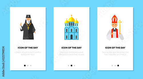 Christianity flat icon set. Doctrine, faith, church isolated vector sign pack. Culture and religion concept. Vector illustration symbol elements for web design and apps