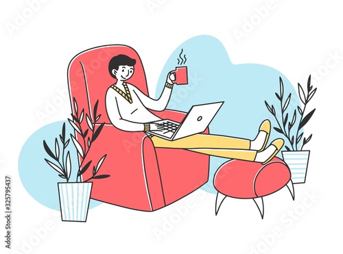 Relaxed freelance employee drinking coffee while working at home. Man sitting in armchair, using laptop. Vector illustration for freelancer, morning, remote worker, lifestyle concept