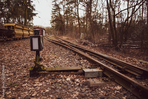 A railroad switch in the forest, warm shaddows photo