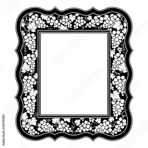 Decorative black and white framework with grapes and leaves. Imitation of carved frame.