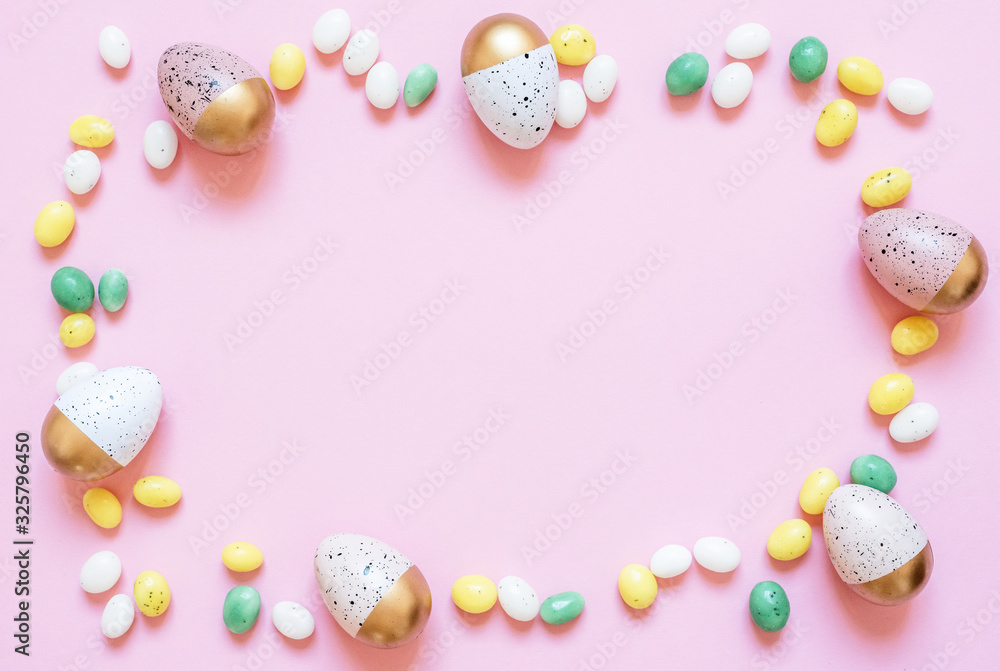 Easter decor with eggs, pastel background. Minimal Easter holiday concept. Happy Easter card with copy space for text, flat lay