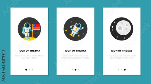 Astronaut in space flat icon set. Spaceman, universe, weightlessness isolated vector sign pack. Cosmos and technology concept. Vector illustration symbol elements for web design and apps