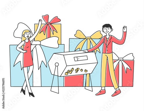 Lucky people winning prize draw. Lottery winners turning raffle drum and getting gift boxes. Vector illustration for fortune, gambling, lotto, success concept