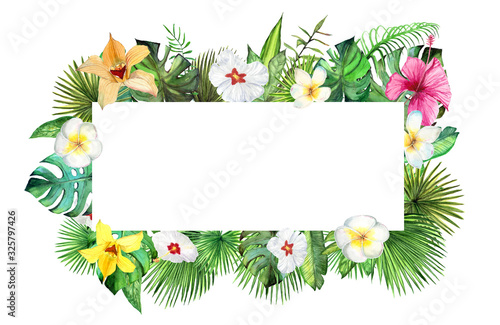 Watercolor tropical plant leaves and exotic flowers rectangular frame