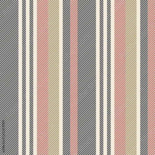 Striped pattern seamless vector. Black, coral red, and gold vertical textured lines on white background for autumn or winter dress, trousers, bed sheet, duvet cover, or other modern textile design.