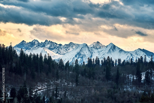 Fototapeta Naklejka Na Ścianę i Meble -  Beautiful panoramic aerial drone view to the Tatra Mountains (Tatras, Tatra) - mountain range between Slovakia and Poland - They are the highest mountain range in the Carpathian Mountains