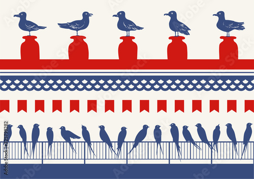 Marine Vector Seamless Borders with Birds in Retro Style