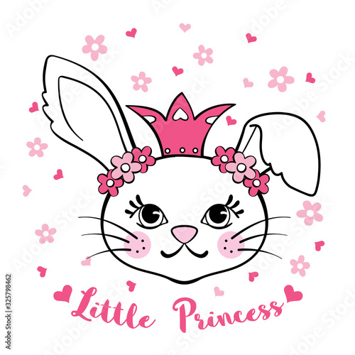 Cute bunny girl princess with crown and flowers isolated on white background.