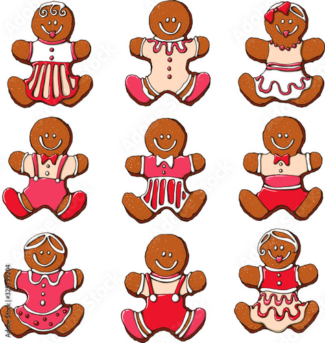 Vector set : different pretty gingerbread cookies look like girls and boys. Hand drawn traditional christmas food . Brown , with icing decor in white, red,pink colors. Elements for holiday design.