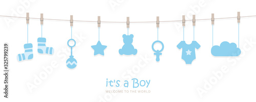 its a boy welcome greeting card for childbirth with hanging baby utensils vector illustration EPS10