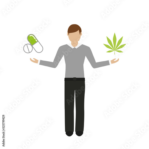 man holds tablets in one and cannabis leaf in the other hand vector illustration EPS10