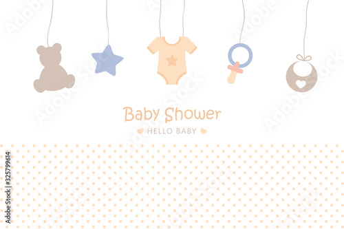 baby shower welcome greeting card for childbirth with hanging utensils vector illustration EPS10